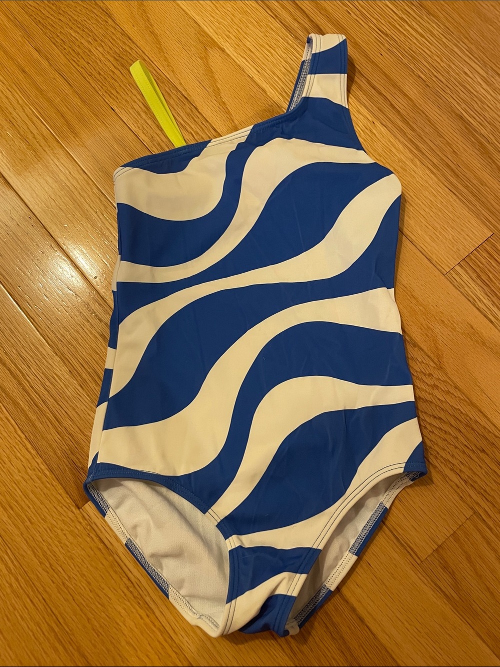 Mini Boden Blue and White One-Shoulder Wave Swimsuit with Neon Strap